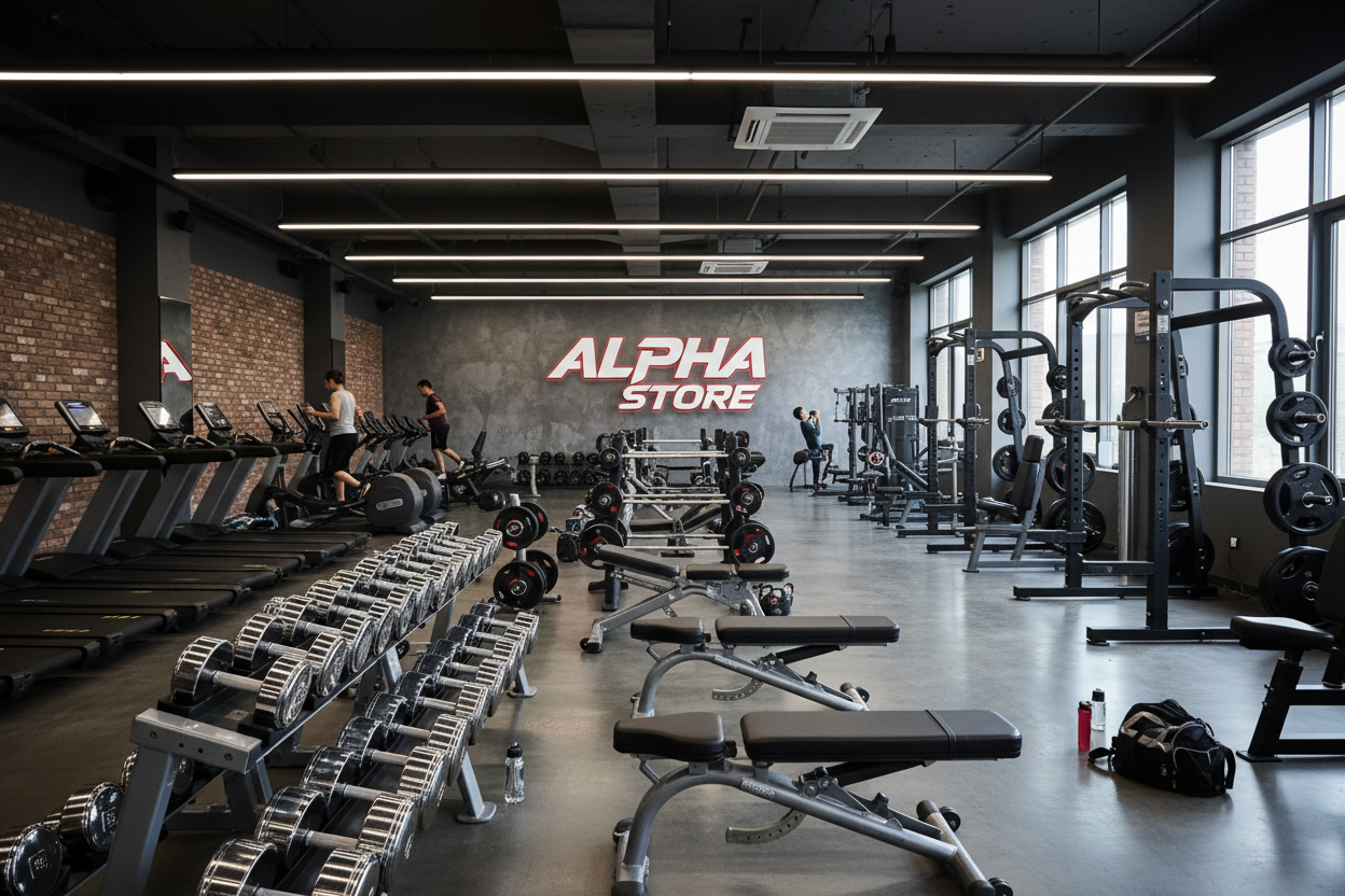 edzo terem legyen a hatterban minden fele edzos cuccal a hatterben legyen az kiirva hogy Alpha Store